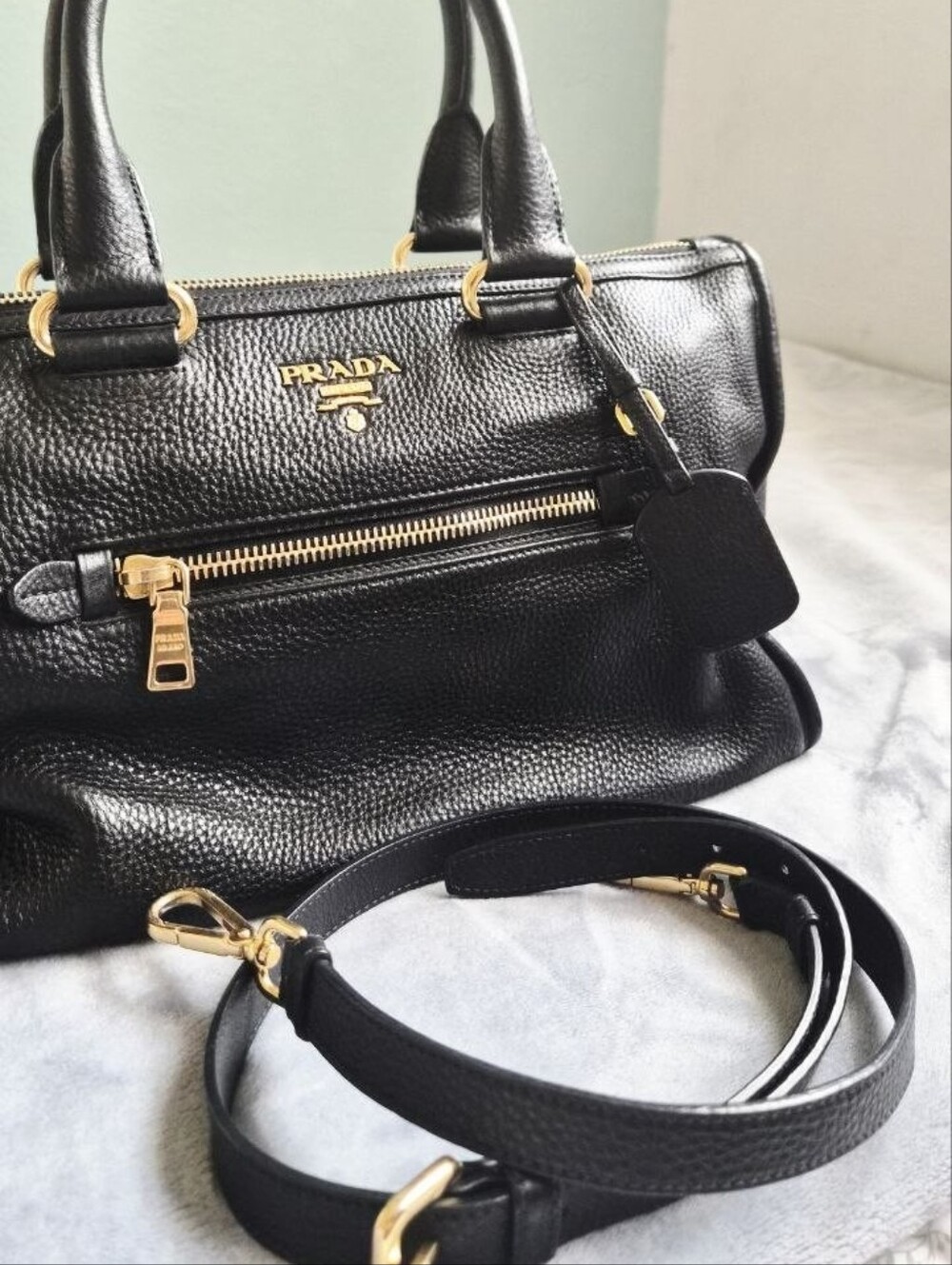 Authentic Prada Black Leather Satchel with Gold Hardware